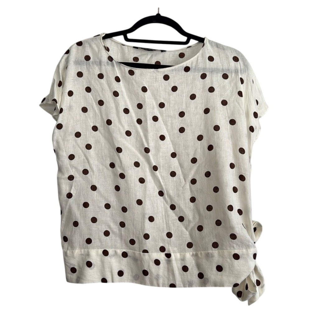 Zara Basic White Brown Polka Dot Side Tie Knot Linen Blend Blouse Top XS